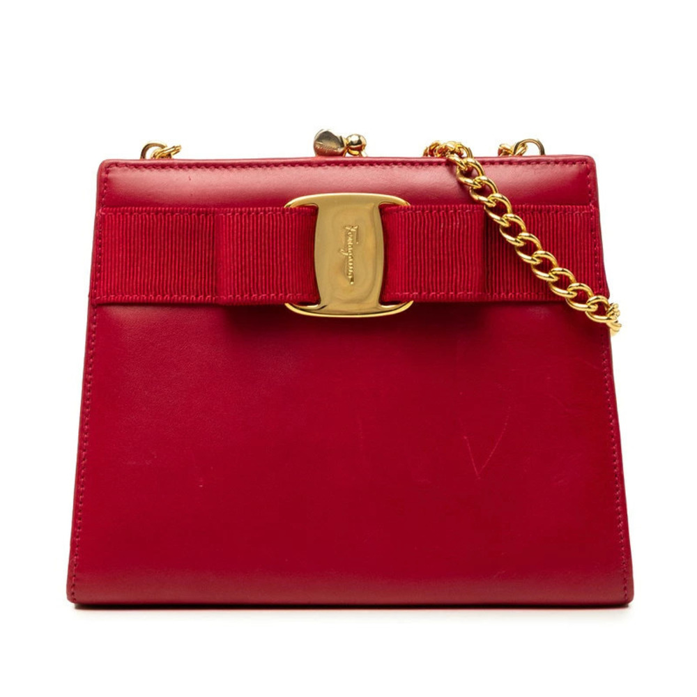 Salvatore Ferragamo Vara Chain Leather Shoulder Bag Red